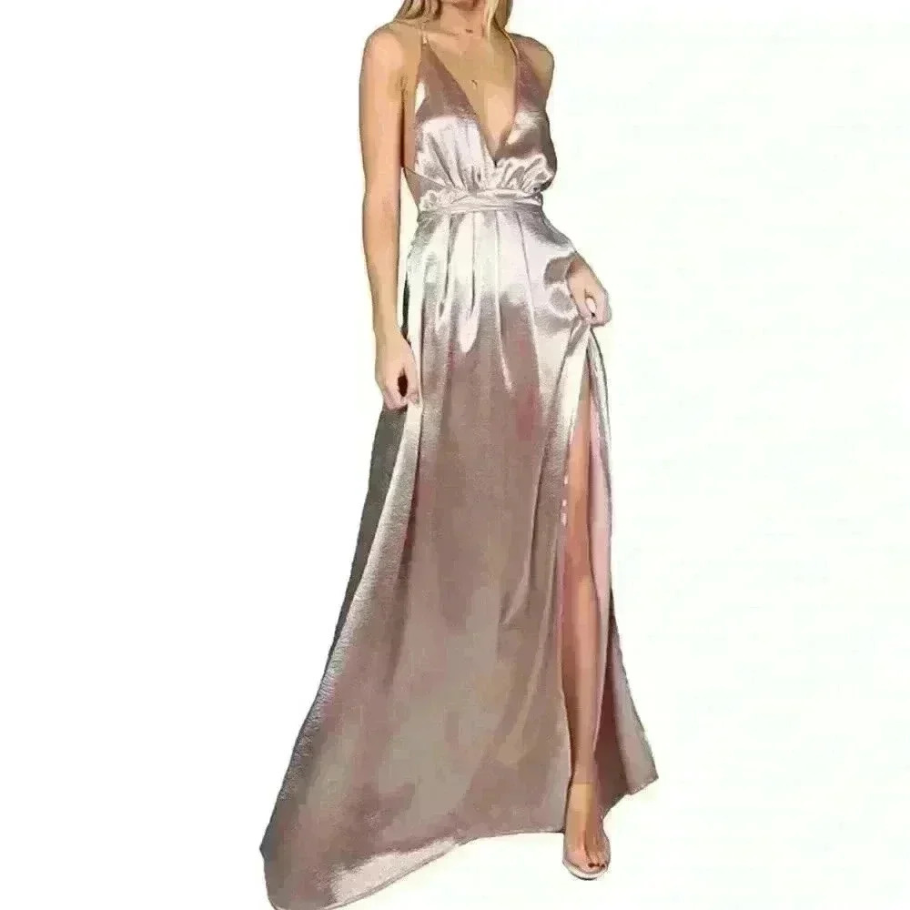 SheIn Women's Sexy Satin Deep V Neck Backless Maxi Club Party Evening Dress
